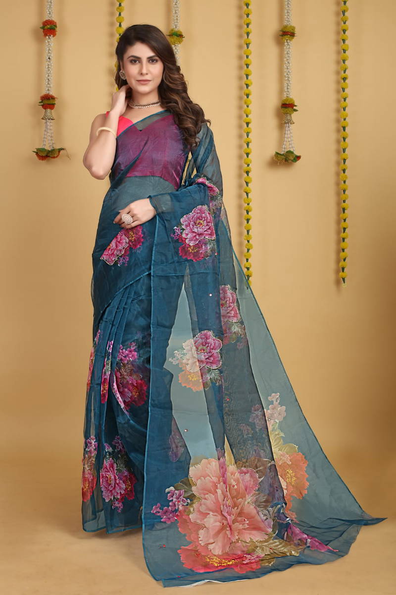 VK 4148 Printed Organza Party Wear Sarees Wholesale Clothing Suppliers In India